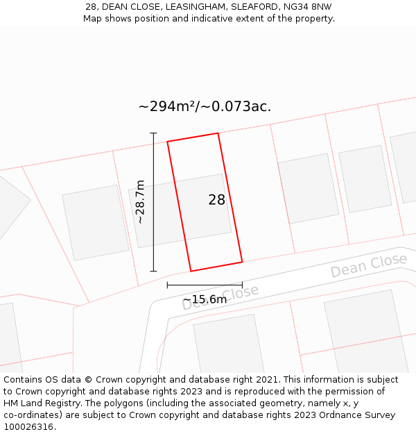 28, DEAN CLOSE, LEASINGHAM, SLEAFORD, NG34 8NW: Plot and title map