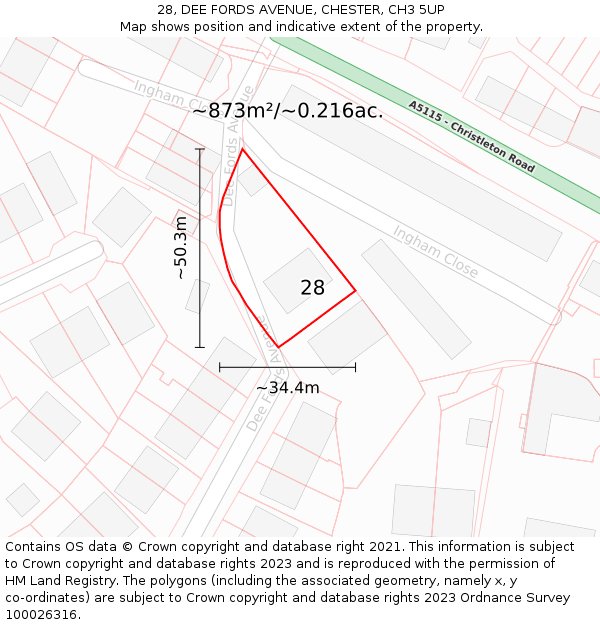 28, DEE FORDS AVENUE, CHESTER, CH3 5UP: Plot and title map