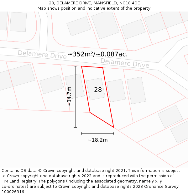28, DELAMERE DRIVE, MANSFIELD, NG18 4DE: Plot and title map