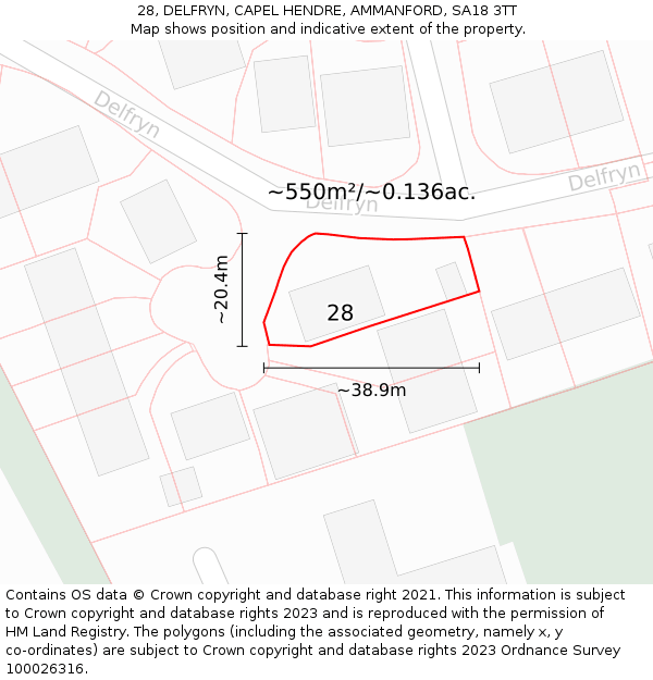 28, DELFRYN, CAPEL HENDRE, AMMANFORD, SA18 3TT: Plot and title map