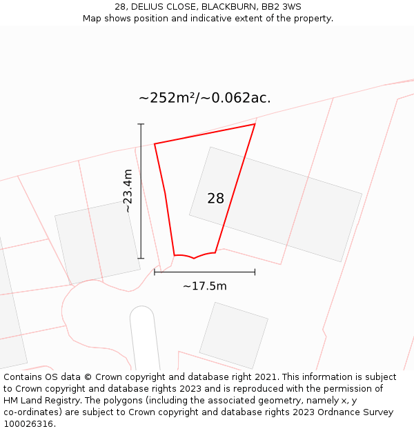 28, DELIUS CLOSE, BLACKBURN, BB2 3WS: Plot and title map