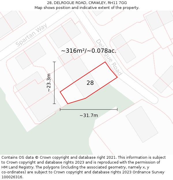 28, DELROGUE ROAD, CRAWLEY, RH11 7GG: Plot and title map