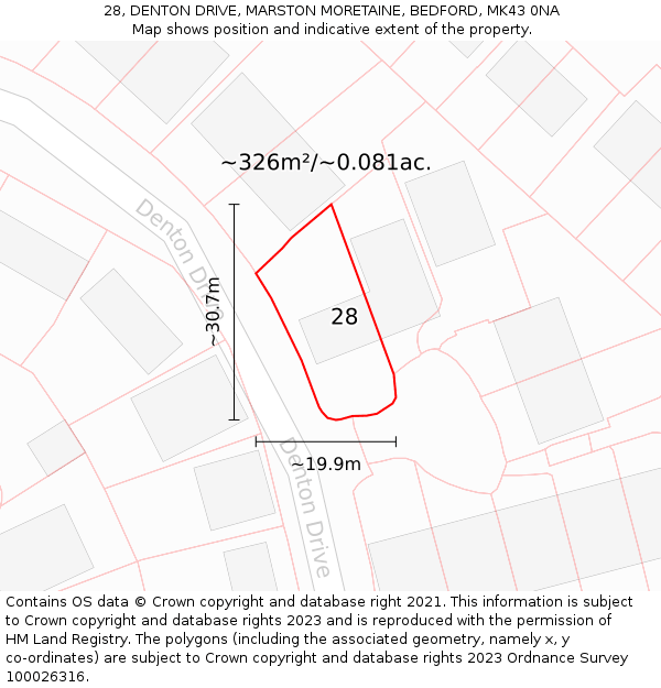 28, DENTON DRIVE, MARSTON MORETAINE, BEDFORD, MK43 0NA: Plot and title map