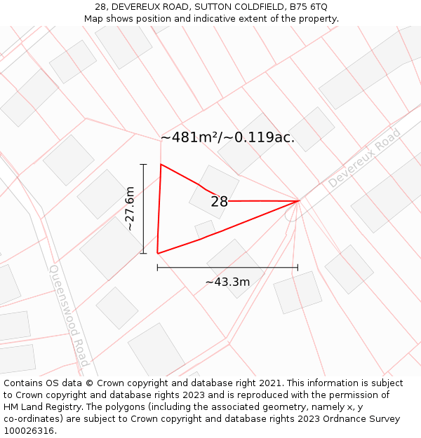 28, DEVEREUX ROAD, SUTTON COLDFIELD, B75 6TQ: Plot and title map