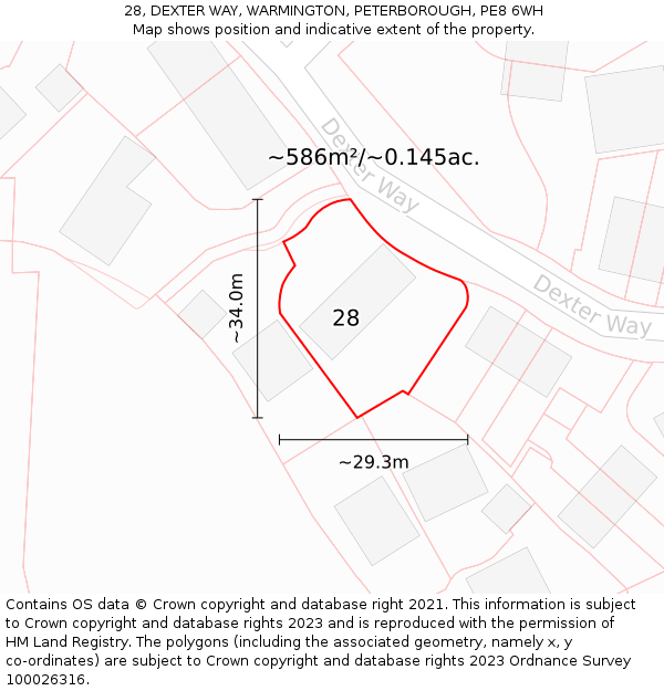 28, DEXTER WAY, WARMINGTON, PETERBOROUGH, PE8 6WH: Plot and title map