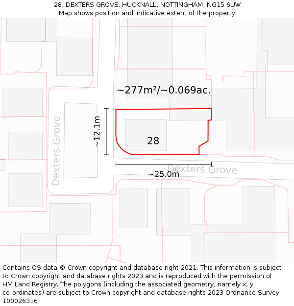 28, DEXTERS GROVE, HUCKNALL, NOTTINGHAM, NG15 6UW: Plot and title map