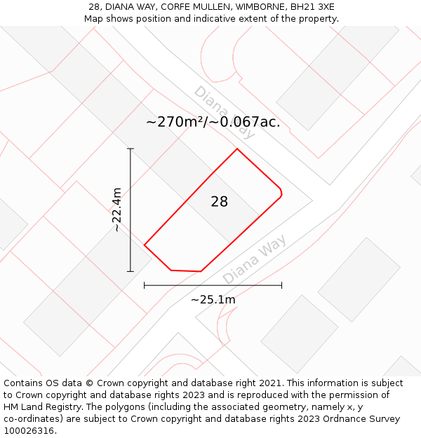28, DIANA WAY, CORFE MULLEN, WIMBORNE, BH21 3XE: Plot and title map