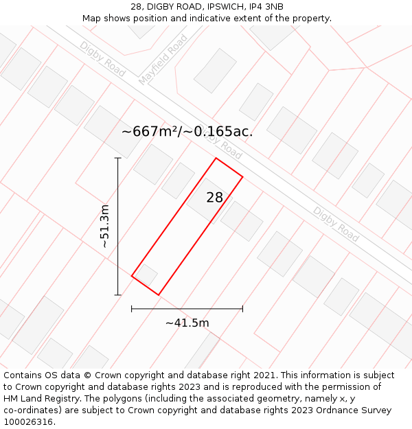28, DIGBY ROAD, IPSWICH, IP4 3NB: Plot and title map