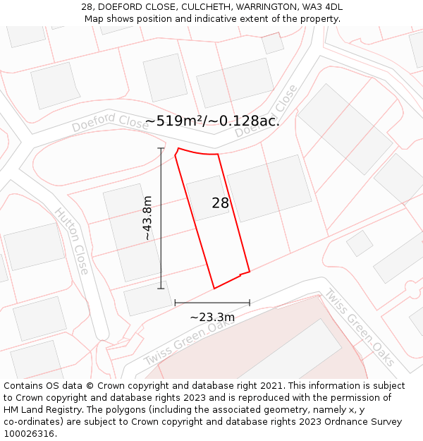 28, DOEFORD CLOSE, CULCHETH, WARRINGTON, WA3 4DL: Plot and title map