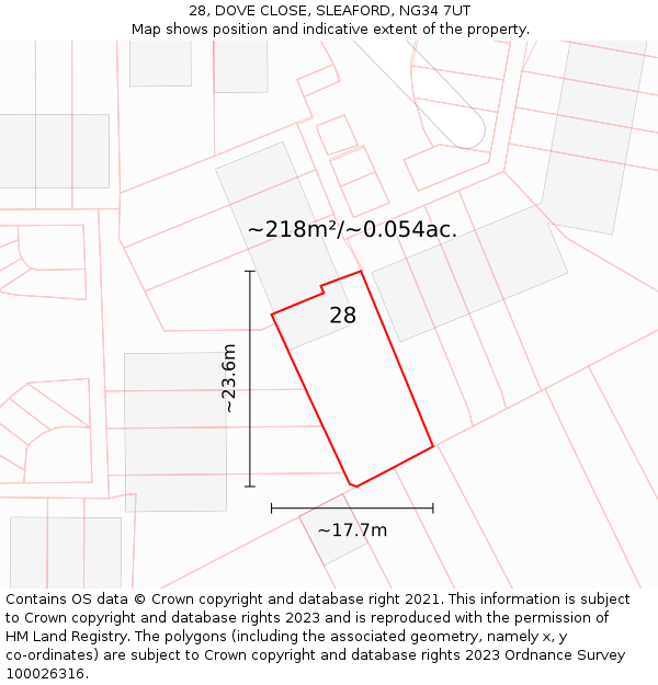 28, DOVE CLOSE, SLEAFORD, NG34 7UT: Plot and title map