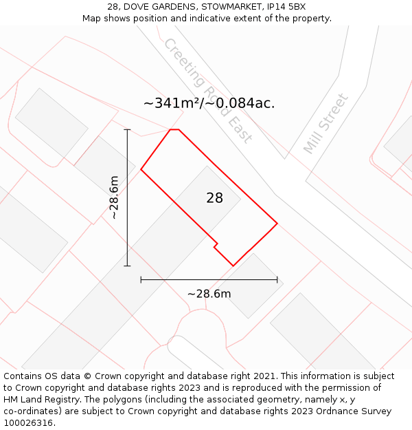 28, DOVE GARDENS, STOWMARKET, IP14 5BX: Plot and title map