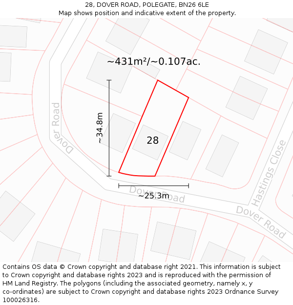 28, DOVER ROAD, POLEGATE, BN26 6LE: Plot and title map