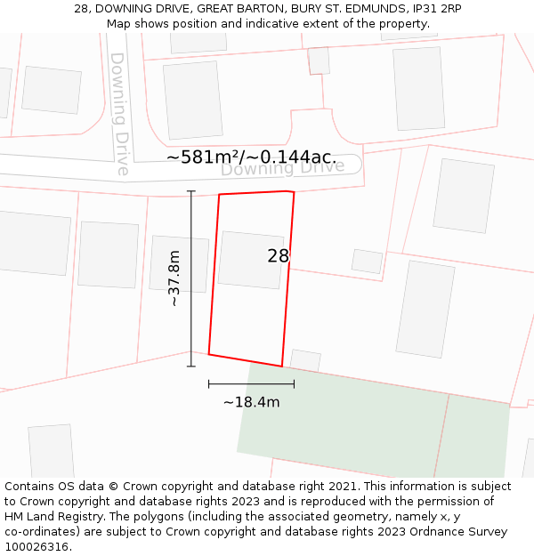 28, DOWNING DRIVE, GREAT BARTON, BURY ST. EDMUNDS, IP31 2RP: Plot and title map