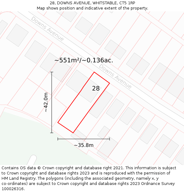 28, DOWNS AVENUE, WHITSTABLE, CT5 1RP: Plot and title map