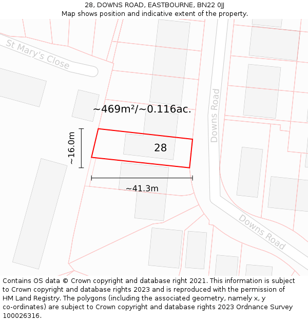 28, DOWNS ROAD, EASTBOURNE, BN22 0JJ: Plot and title map