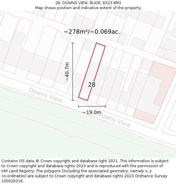 28, DOWNS VIEW, BUDE, EX23 8RG: Plot and title map