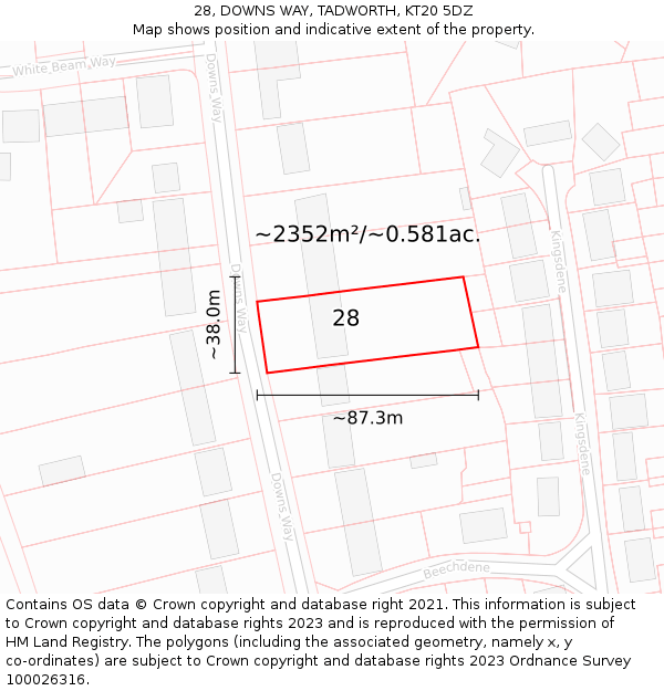 28, DOWNS WAY, TADWORTH, KT20 5DZ: Plot and title map