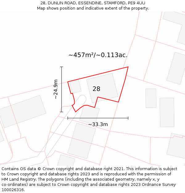 28, DUNLIN ROAD, ESSENDINE, STAMFORD, PE9 4UU: Plot and title map