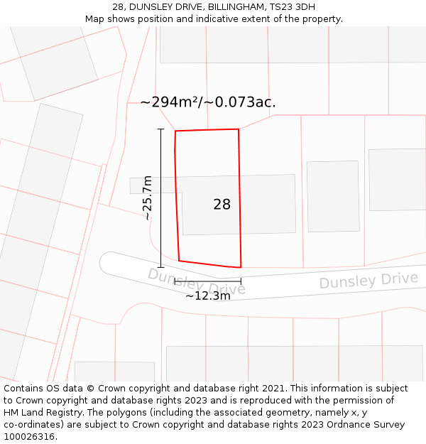28, DUNSLEY DRIVE, BILLINGHAM, TS23 3DH: Plot and title map