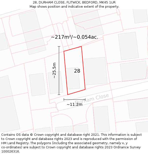 28, DURHAM CLOSE, FLITWICK, BEDFORD, MK45 1UR: Plot and title map