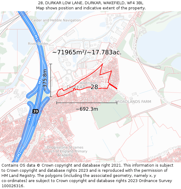 28, DURKAR LOW LANE, DURKAR, WAKEFIELD, WF4 3BL: Plot and title map