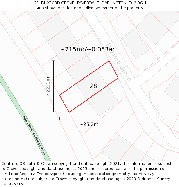 28, DUXFORD GROVE, FAVERDALE, DARLINGTON, DL3 0GH: Plot and title map