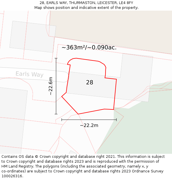 28, EARLS WAY, THURMASTON, LEICESTER, LE4 8FY: Plot and title map