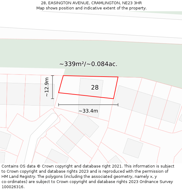 28, EASINGTON AVENUE, CRAMLINGTON, NE23 3HR: Plot and title map