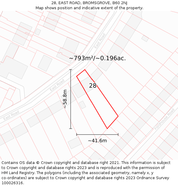 28, EAST ROAD, BROMSGROVE, B60 2NJ: Plot and title map
