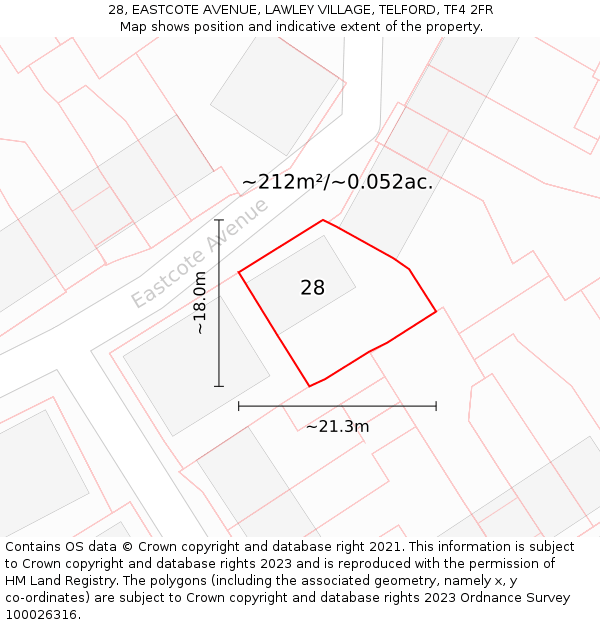 28, EASTCOTE AVENUE, LAWLEY VILLAGE, TELFORD, TF4 2FR: Plot and title map