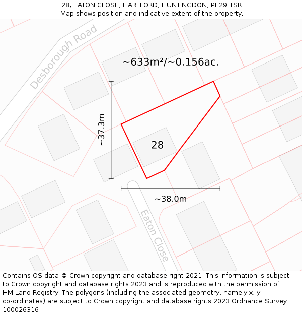 28, EATON CLOSE, HARTFORD, HUNTINGDON, PE29 1SR: Plot and title map