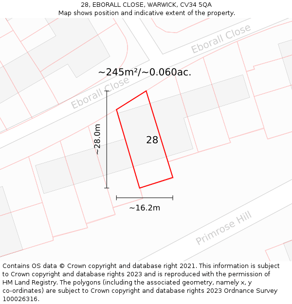 28, EBORALL CLOSE, WARWICK, CV34 5QA: Plot and title map