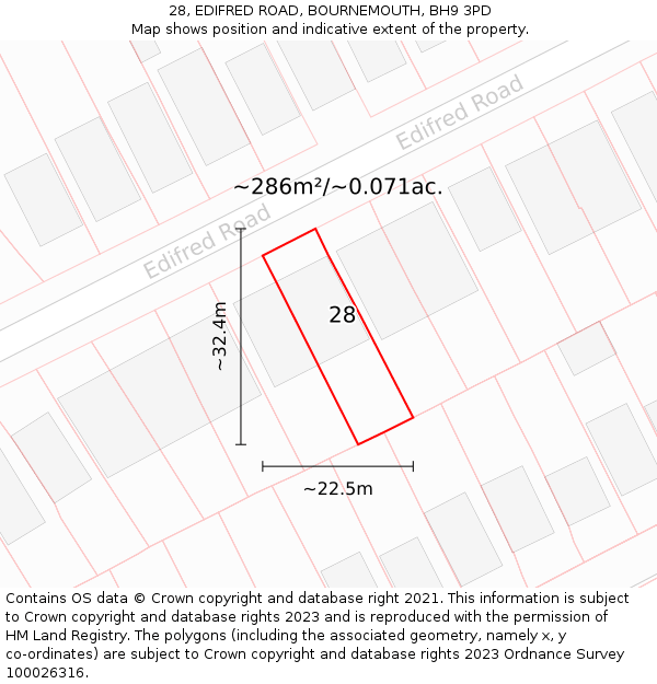 28, EDIFRED ROAD, BOURNEMOUTH, BH9 3PD: Plot and title map