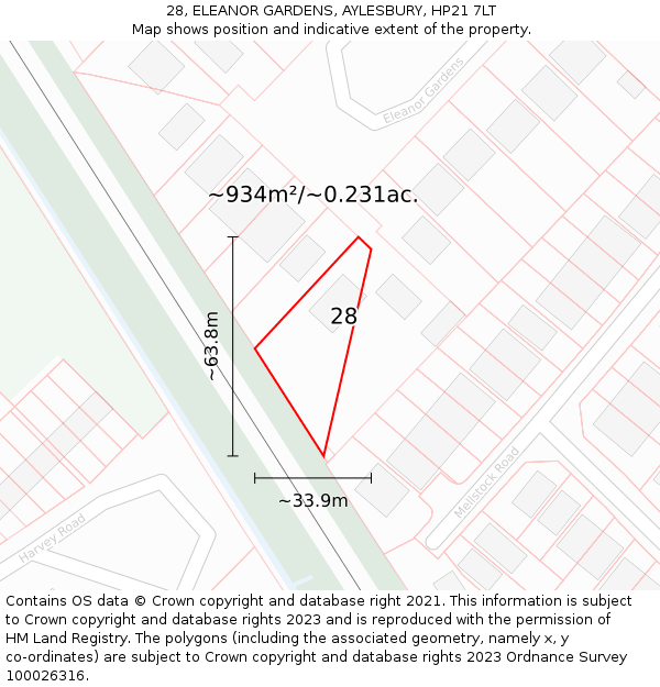 28, ELEANOR GARDENS, AYLESBURY, HP21 7LT: Plot and title map