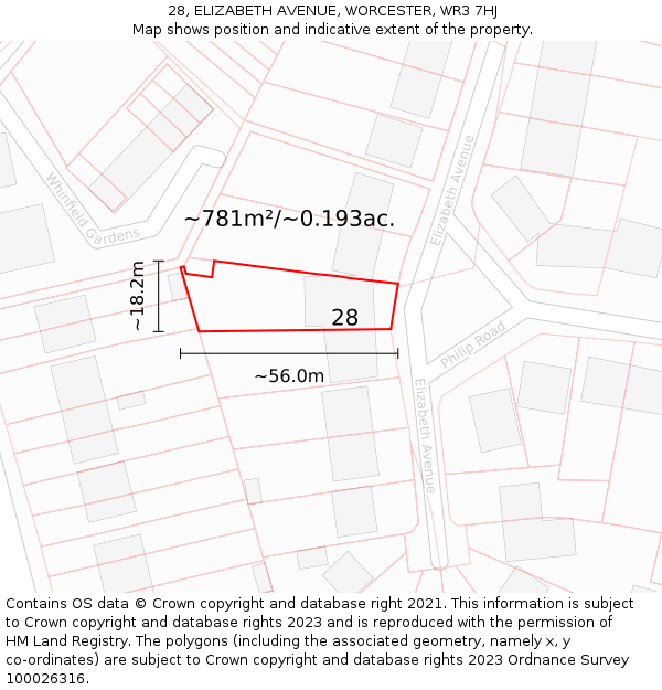 28, ELIZABETH AVENUE, WORCESTER, WR3 7HJ: Plot and title map