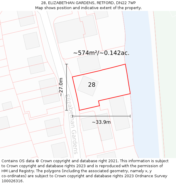 28, ELIZABETHAN GARDENS, RETFORD, DN22 7WP: Plot and title map