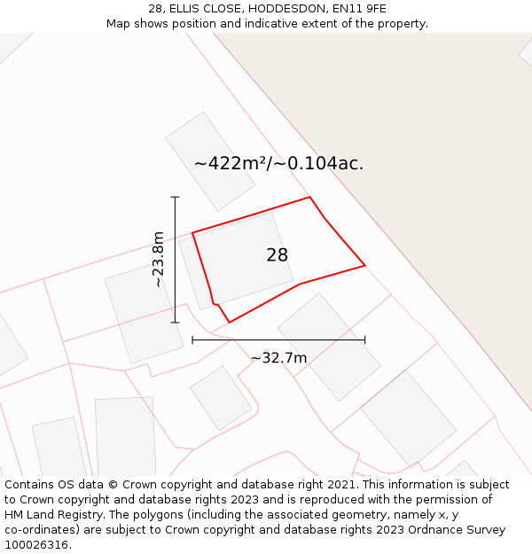 28, ELLIS CLOSE, HODDESDON, EN11 9FE: Plot and title map