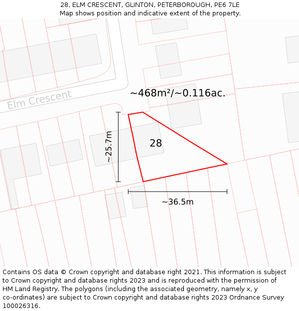 28, ELM CRESCENT, GLINTON, PETERBOROUGH, PE6 7LE: Plot and title map