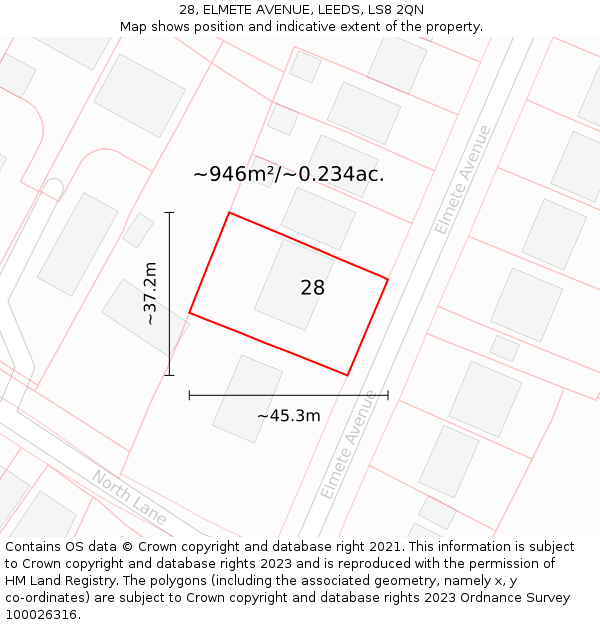 28, ELMETE AVENUE, LEEDS, LS8 2QN: Plot and title map