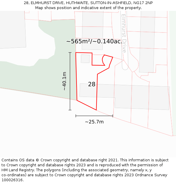 28, ELMHURST DRIVE, HUTHWAITE, SUTTON-IN-ASHFIELD, NG17 2NP: Plot and title map