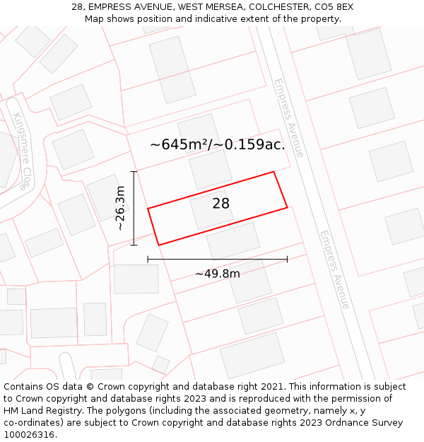 28, EMPRESS AVENUE, WEST MERSEA, COLCHESTER, CO5 8EX: Plot and title map