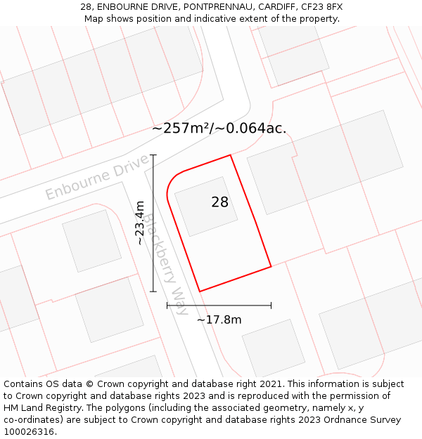28, ENBOURNE DRIVE, PONTPRENNAU, CARDIFF, CF23 8FX: Plot and title map