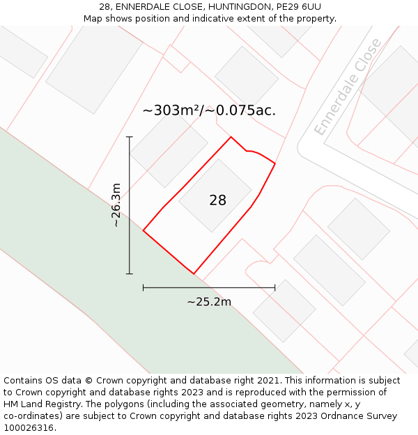 28, ENNERDALE CLOSE, HUNTINGDON, PE29 6UU: Plot and title map
