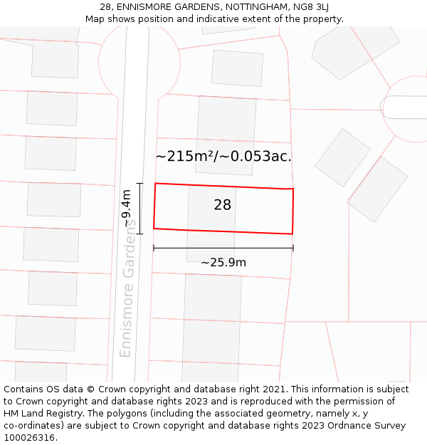 28, ENNISMORE GARDENS, NOTTINGHAM, NG8 3LJ: Plot and title map