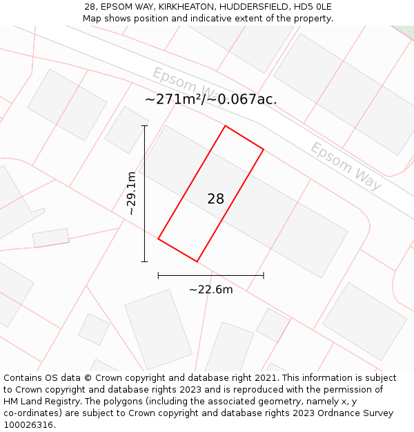 28, EPSOM WAY, KIRKHEATON, HUDDERSFIELD, HD5 0LE: Plot and title map