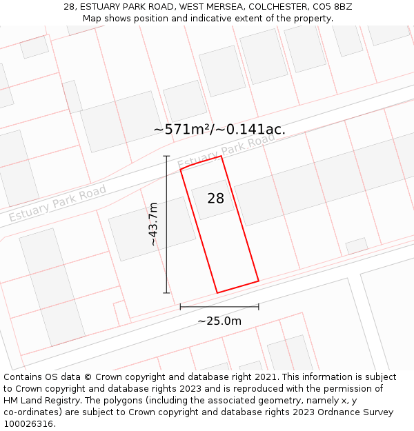 28, ESTUARY PARK ROAD, WEST MERSEA, COLCHESTER, CO5 8BZ: Plot and title map