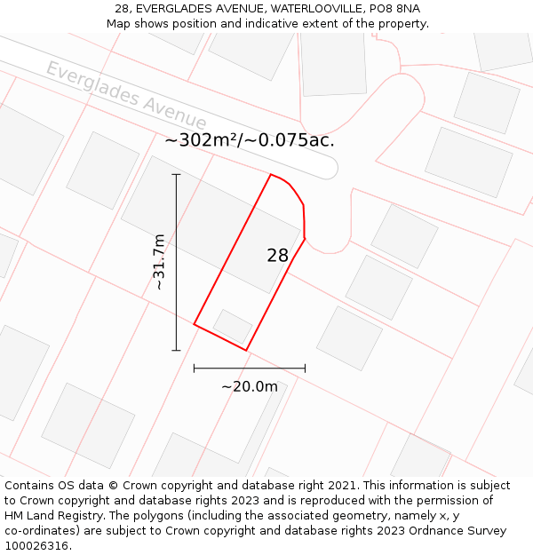 28, EVERGLADES AVENUE, WATERLOOVILLE, PO8 8NA: Plot and title map