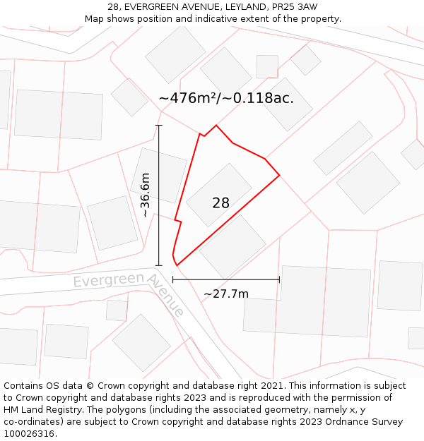 28, EVERGREEN AVENUE, LEYLAND, PR25 3AW: Plot and title map