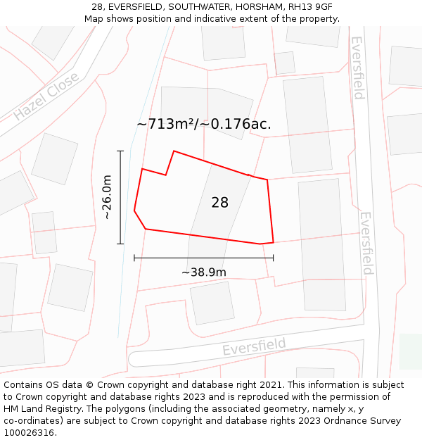 28, EVERSFIELD, SOUTHWATER, HORSHAM, RH13 9GF: Plot and title map