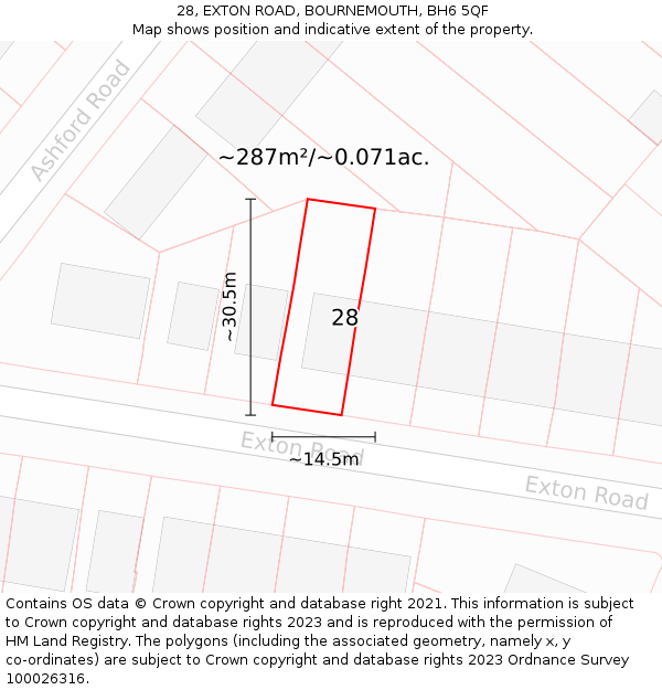 28, EXTON ROAD, BOURNEMOUTH, BH6 5QF: Plot and title map